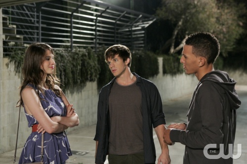 "Welcome To The Undies"--LtoR: Amelia Rose Blaire as Laura, Matt Lanter as Liam Court, and Khleo Thomas as Purse Guy on 90210 on The CW. Photo: Scott Alan Humbert/The CW &copy;2010 The CW Network. All Rights Reserved.