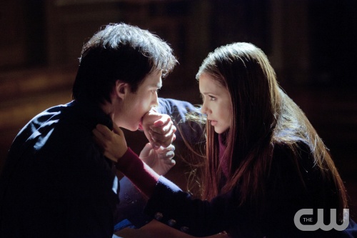 "The Murder of One"-- Pictured (L-R): Ian Somerhalder as Damon and Nina Dobrev as Elena in THE VAMPIRE DIARIES on The CW. Photo: Bob Mahoney/The CW &copy;2012 The CW Network. All Rights Reserved.