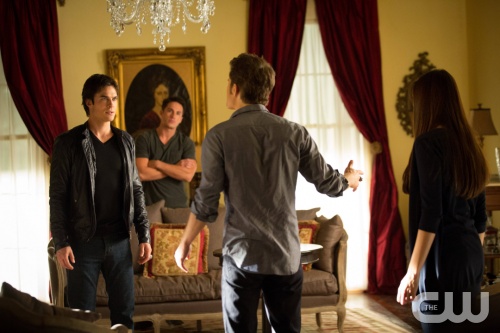  The Vampire Diaries -- â€œThe Killerâ€ -- Pictured (L-R): Ian Somerhalder as Damon, Michael Trevino as Tyler, Paul Wesley as Stefan, and Nina Dobrev as Elena â€” Image Number: VD405b_0487.jpg â€” Photo Credit: Bob Mahoney/The CW -- © 2012 The CW Network, LLC. All rights reserved