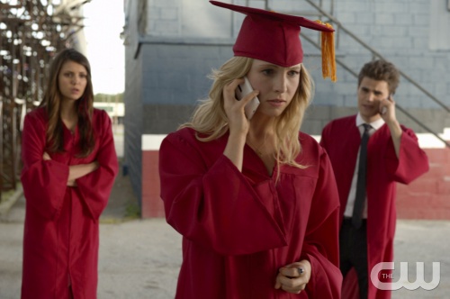 The Vampire Diaries -- "Graduation" -- Pictured (L-R): Nina Dobrev as Elena, Candice Accola as Caroline, and Paul Wesley as Stefan -- Image Number: VD423b_1454.jpg â€” Photo: Curtis Baker/The CW -- © 2013 The CW Network, LLC. All rights reserved.