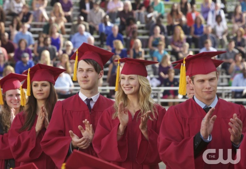 The Vampire Diaries -- "Graduation" -- Pictured (L-R): Nina Dobrev as Elena, Candice Accola as Caroline, and Zach Roerig as Matt -- Image Number: VD423a_0164b.jpg -- Photo: Annette Brown/The CW -- © 2013 The CW Network. All Rights Reserved.