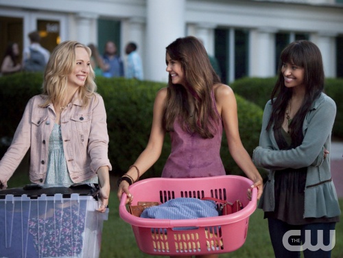 The Vampire Diaries -- "I Know What You Did Last Summer" -- Image Number VD501b_0034r.jpg -- Pictured (L-R): Candice Accola as Caroline, Nina Dobrev as Elena, and Kat Graham as Bonnie -- Photo: Annette Brown/The CW -- © 2013 The CW Network, LLC. All rights reserved.  