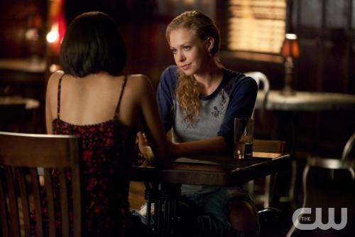 The Vampire Diaries -- "Man on Fire" -- Image Number: VD519b_0178.jpg -- Pictured (L-R): Kat Graham as Bonnie (back to camera) and Penelope Mitchell as Liv -- Photo: Annette Brown/The CW -- © 2014 The CW Network, LLC. All rights reserved