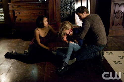 The Vampire Diaries -- "Man on Fire" -- Image Number: VD519b_0087.jpg -- Pictured (L-R): Kat Graham as Bonnie, Penelope Mitchell as Liv and Paul Wesley as Stefan -- Photo: Annette Brown/The CW -- © 2014 The CW Network, LLC. All rights reserved